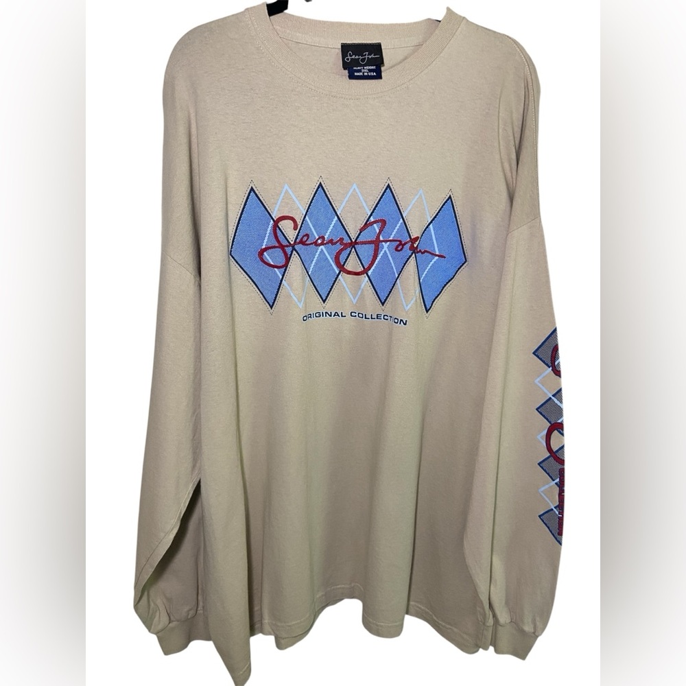 Sean John vintage Long sleeve beige tshirt with logo on front and left sleeve